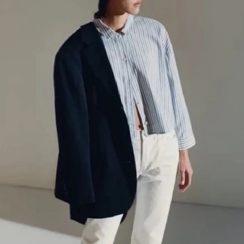 Everlane The Woven Boxy Blue Stripe PJ Everyday Casual Top Silky Cotton NWT L